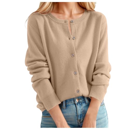 C'est TT Cardigan Damen Lang, Strickjacke Damen Kurz Cardigan Rundhals Herbst Strickpullover Langarm Elegant Weich Pullover Einfarbig Damenstrickjacke Warm Kaschmir Strickweste Mit Knöpfen Gold L von C'est TT