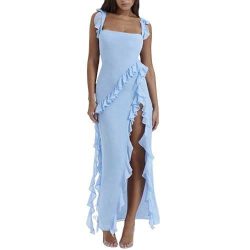 C'est TT Damen Kleid V Ausschnitt Ärmellos High Low Wickelkleid Rüschensaum Lange Freizeitkleider Sommer Strand Maxi Dress von C'est TT