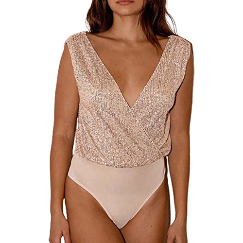 C'est TT Damen Pailletten Body Unterhemd Bodysuit Tops Wrap Bodies Blusebody Damenbody Frauen Pailletten Stringbody Tops Karneval Kostüm Bodysuit Tops Stringbody Tanz-Body Shapewear Formende Bodys von C'est TT