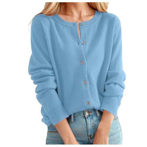 C'est TT Jacke Damen, Strickjacke Damen Kurz Cardigan Rundhals Herbst Strickpullover Langarm Elegant Weich Pullover Einfarbig Damenstrickjacke Warm Kaschmir Strickweste Mit Knöpfen Himmelblau M von C'est TT
