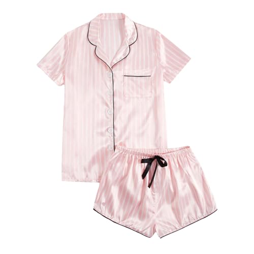 C'est TT Schlafanzug Teenager Mädchen Kurz, Pyjama Sets Damen Satin Bequeme Kuschel Pyjama Zweiteiliger 2-Teilig Y2k Loungewear Vintage Elegante Freizeitanzug Sporty Nachtwäsche Set Kurz Hausanzug von C'est TT