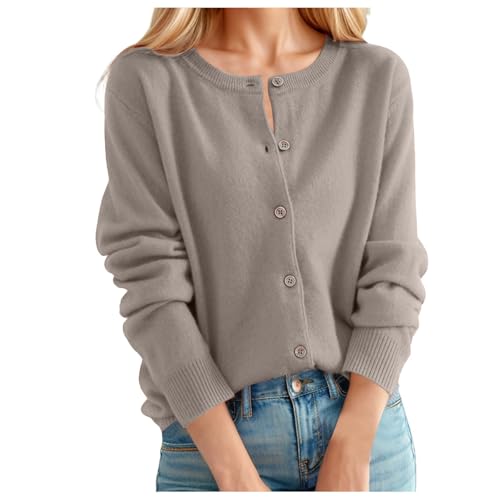 C'est TT Wollpullover Damen, Strickjacke Damen Kurz Cardigan Rundhals Herbst Strickpullover Langarm Elegant Weich Pullover Einfarbig Damenstrickjacke Warm Kaschmir Strickweste Mit Knöpfen Braun L von C'est TT