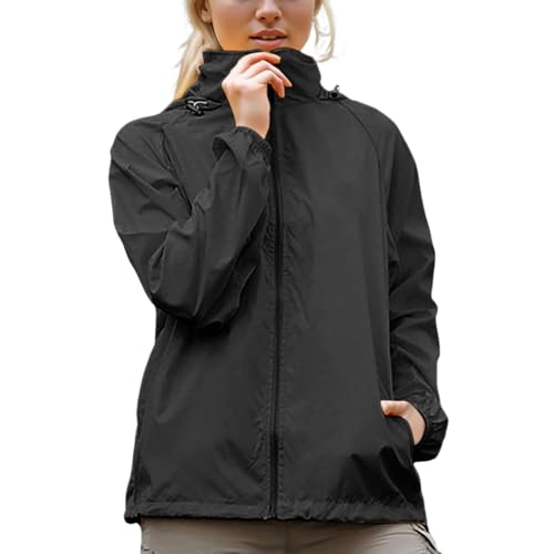 C'est TT regenjacke damen, Regenjacke Damen Wasserdicht Faltbar Wanderjacke mit Kapuze Fahrrad Windjacke Atmungsaktiv Regenmantel Dünne Leicht Softshelljacke Schwarz L von C'est TT