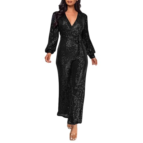 Damen Pailletten Jumpsuit Einteiler Lang Overall Hosenanzug Hohe Taille Romper Fasching Kostüm Damen Jumpsuit V-Ausschnitt Langarm Elegant Bodysuit mit Gürtel Pailletten Playsuit Karneval Kostüm von C'est TT