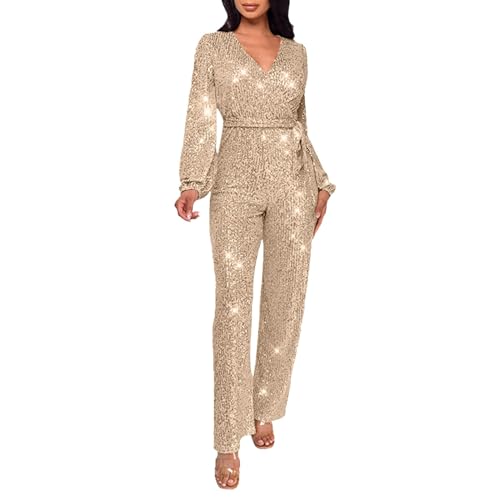 Damen Pailletten Jumpsuit Einteiler Lang Overall Hosenanzug Hohe Taille Romper Fasching Kostüm Damen Jumpsuit V-Ausschnitt Langarm Elegant Bodysuit mit Gürtel Pailletten Playsuit Karneval Kostüm von C'est TT