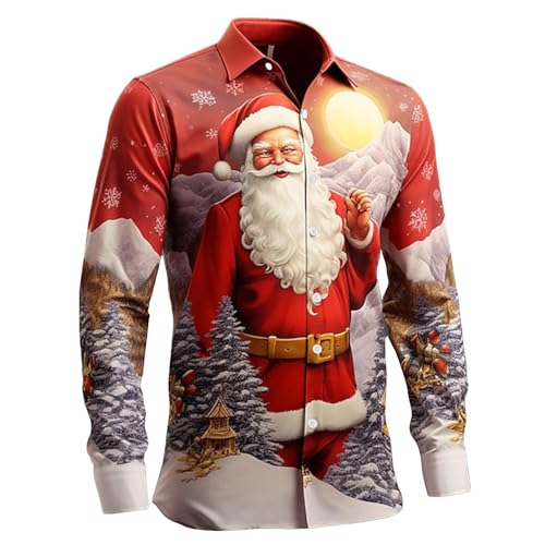 Herren Weihnachtshemd Langarm 3D Druck Xmas Freizeithemd Weihnachten Shirt Button-Down-Kragen Langarmshirts Slim Fit Shirt mit Weihnachtsmotiv Kostümhemd Für Festival Party von C'est TT