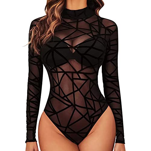 Mesh Body Damen Durchsichtig Netzstoff Bodysuit Langarm Bodys Mesh-Oberteil Schmal Bodies mit Stehkragen Rollkragen Oberteil Dessous Babydoll Leotards Overall Oberteile Tops Karnevalskostüme von C'est TT