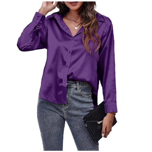 Satin Bluse Damen, Bluse Damen Elegant Festlich Langarm Oberteile Satinblusen Weiß V-Ausschnitt Blusen Tuniken Mit Knöpfen Business Tops Lose Langarmshirt von C'est TT