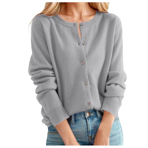 Strickjacke Damen Warm, Strickjacke Damen Kurz Cardigan Rundhals Herbst Strickpullover Langarm Elegant Weich Pullover Einfarbig Damenstrickjacke Warm Kaschmir Strickweste Mit Knöpfen Hellgrau L von C'est TT