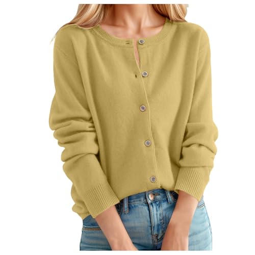 Strickjacke Knöpfen Damen, Strickjacke Damen Kurz Cardigan Rundhals Herbst Strickpullover Langarm Elegant Weich Pullover Einfarbig Damenstrickjacke Warm Kaschmir Strickweste Mit Knöpfen Khaki M von C'est TT