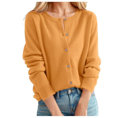 Weste Damen Langarm, Strickjacke Damen Kurz Cardigan Rundhals Herbst Strickpullover Langarm Elegant Weich Pullover Einfarbig Damenstrickjacke Warm Kaschmir Strickweste Mit Knöpfen Gelb XL von C'est TT