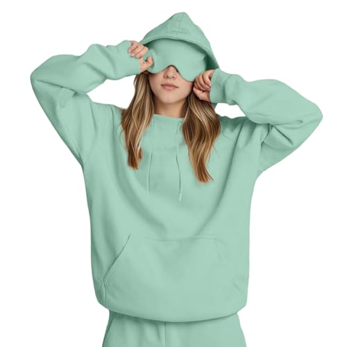 damen hoodie mit kapuze, Travel Hoodie mit Augenmaske Herren Damen Kinder Warm Pullover Fleece Gefüttert Kapuzenpullover Oversize Casual Sweatshirt mit Versteckte Tasche Freizeit Sweatjacke Mintgrün L von C'est TT