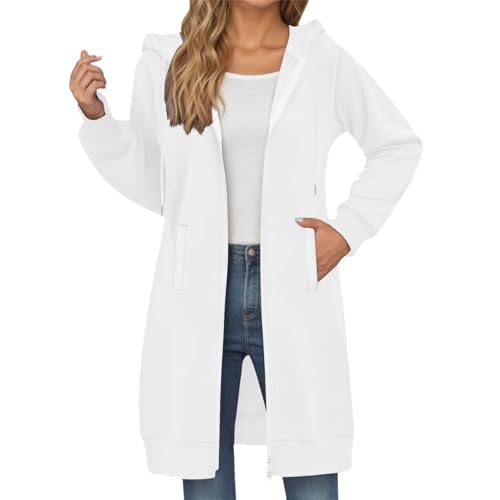 damen-mäntel, Sweatjacke Damen Lang Elegant Fleecejacke Herbst Winter Übergangsjacke Hoodie mit Kapuze Casual Einfarbig Kapuzenjacke Locker Kapuzenpullover mit Reißverschluss und Taschen Weiß S von C'est TT