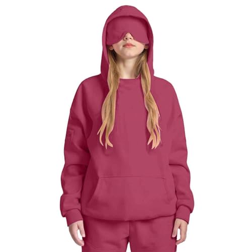 fleecejacke kinder, Travel Hoodie mit Augenmaske Herren Damen Kinder Warm Pullover Fleece Gefüttert Kapuzenpullover Oversize Casual Sweatshirt mit Versteckte Tasche Freizeit Sweatjacke Weinrot 140 von C'est TT