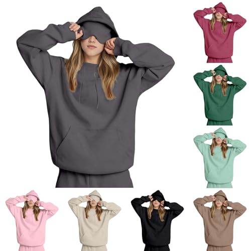 fleecepullover damen, Travel Hoodie mit Augenmaske Herren Damen Kinder Warm Pullover Fleece Gefüttert Kapuzenpullover Oversize Casual Sweatshirt mit Versteckte Tasche Freizeit Sport Sweatjacke Grau S von C'est TT