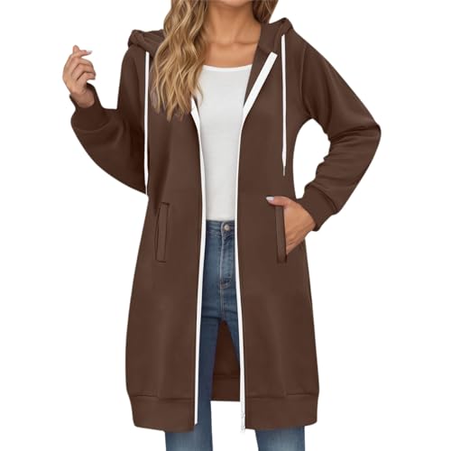 strickfleecejacke damen, Sweatjacke Damen Lang Elegant Fleecejacke Herbst Winter Übergangsjacke Hoodie mit Kapuze Einfarbig Kapuzenjacke Kapuzenpullover mit Reißverschluss und Taschen Kaffee XXL von C'est TT