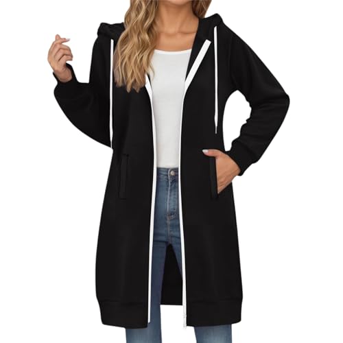 sweatjacke damen lang, Sweatjacke Damen Lang Elegant Fleecejacke Herbst Winter Übergangsjacke Hoodie mit Kapuze Casual Einfarbig Kapuzenjacke Kapuzenpullover mit Reißverschluss und Taschen Schwarz L von C'est TT