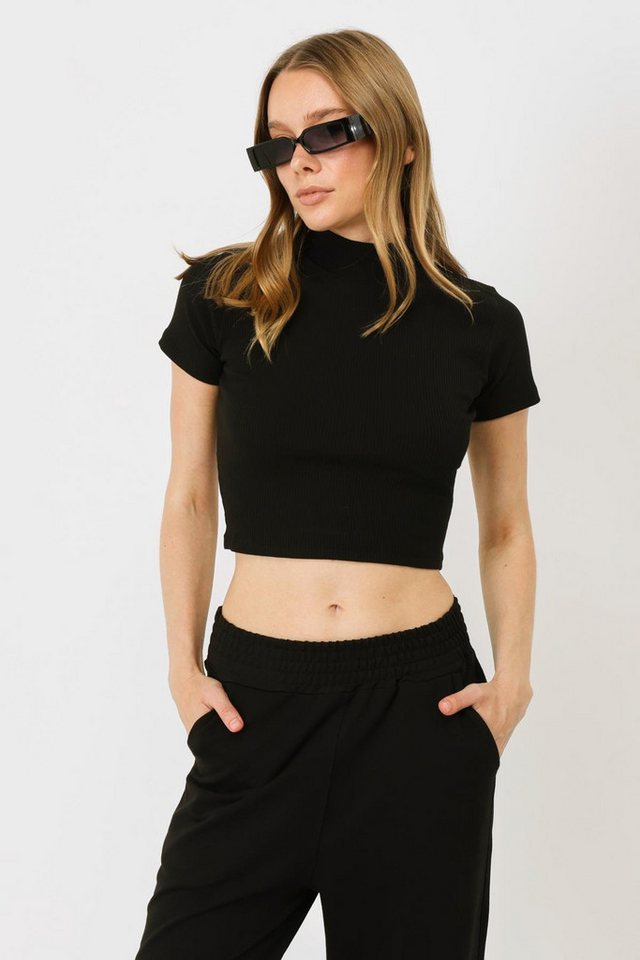 C&CITY Kurzarmbody Damen Kurzarm-Rippbluse mit hohem Ausschnitt von C&CITY