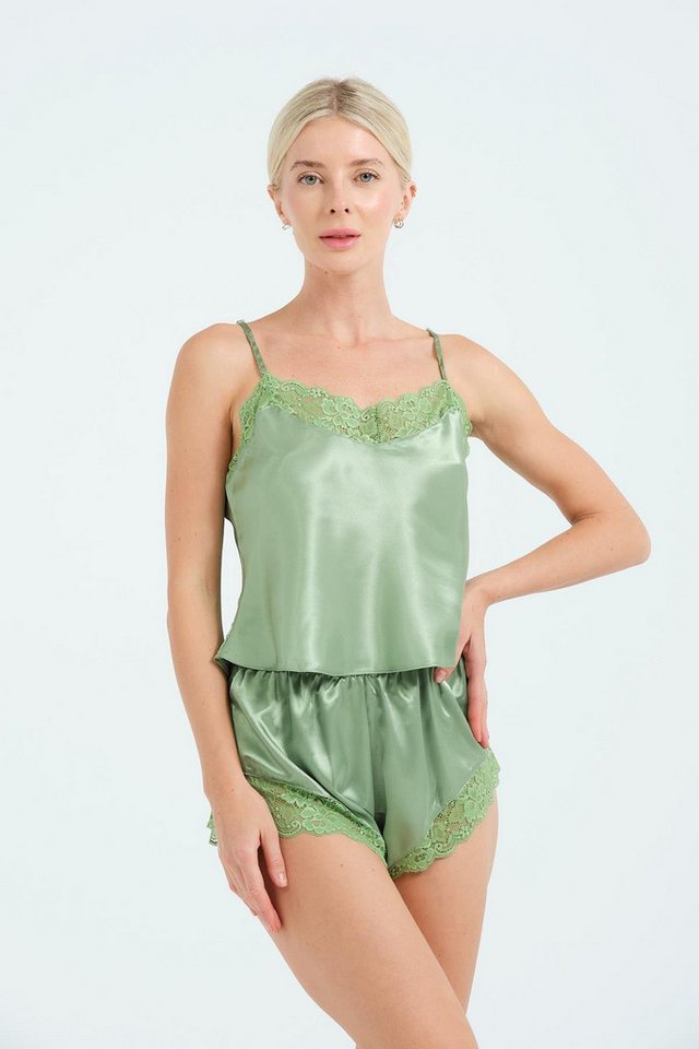 C&CITY Nachthemd Satin-Shorts-Nachthemd mit Spitzendetail am Rücken 026 Grün von C&CITY