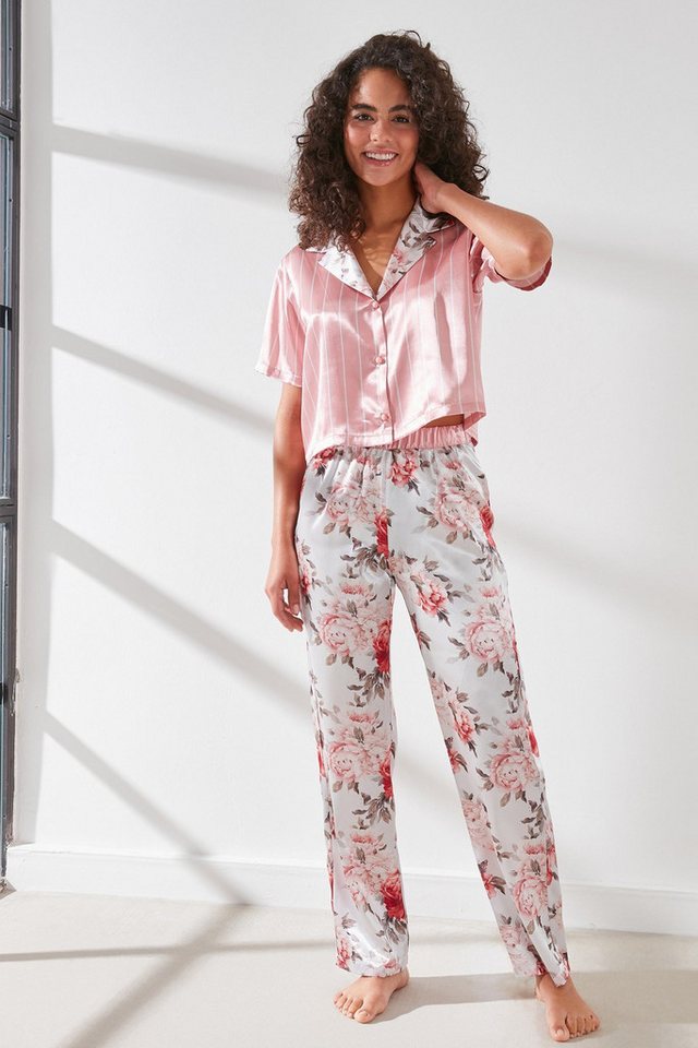 C&CITY Pyjama Damen Satin Crop Shirt Hose Pyjama Set von C&CITY