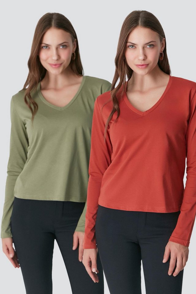 C&CITY Pyjamaoberteil V-Ausschnitt Langarm 2er-Pack Basic T-Shirt von C&CITY