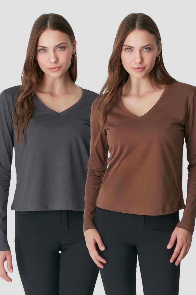C&CITY Pyjamaoberteil V-Ausschnitt Langarm 2er-Pack Basic T-Shirt von C&CITY