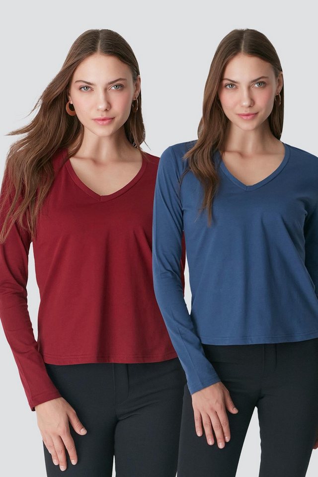 C&CITY Pyjamaoberteil V-Ausschnitt Langarm 2er-Pack Basic T-Shirt von C&CITY