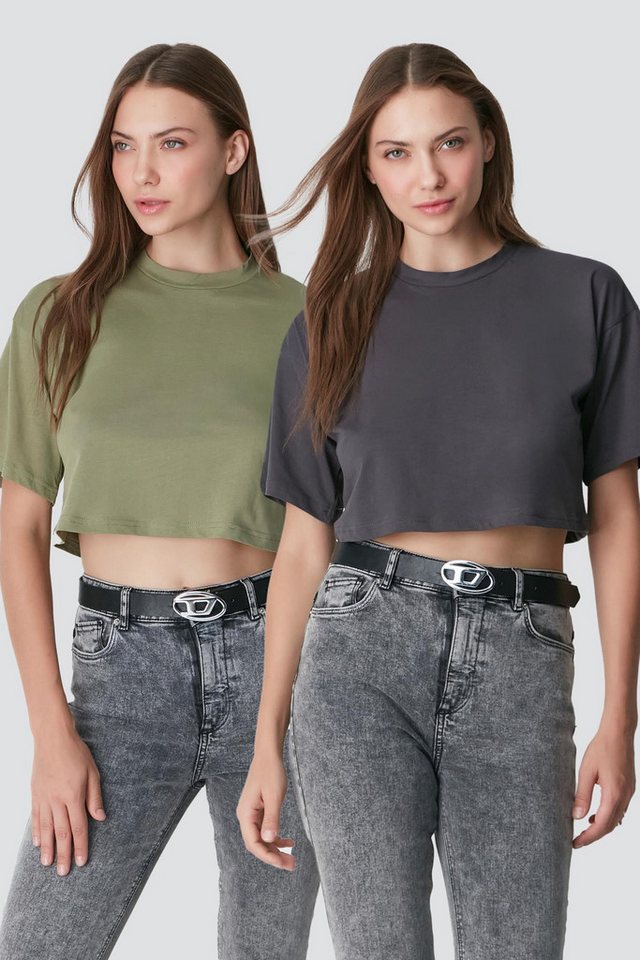C&CITY Pyjamaoberteil Zweiteiliges Crop-T-Shirt mit Rundhalsausschnitt 959 Khaki/Geräuchert C&CITY Pyjamaoberteil Zweiteiliges Crop-T-Shirt mit Rundhalsausschnitt 959 Khaki/Geräuchert von C&CITY