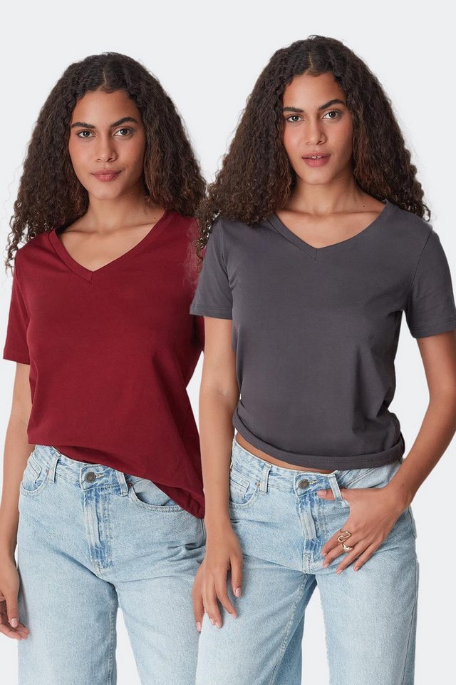 C&CITY Schlafanzug V-Ausschnitt Kurzarm 2er-Pack Basic T-Shirt von C&CITY