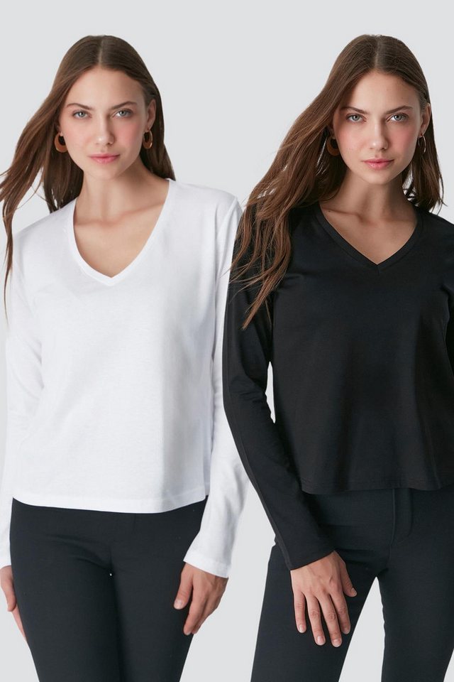 C&CITY Schlafanzug V-Ausschnitt Langarm 2er-Pack Basic T-Shirt von C&CITY