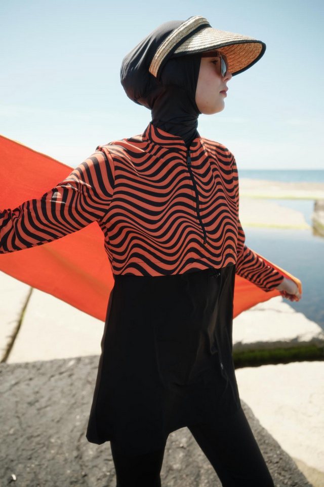 C&CITY Schwimmanzug Gemusterte Taille Geraffter 4-teiliger Bescheidener Badeanzug von C&CITY