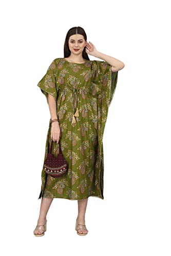 Damen Lange 100% Rayon Gold Prints/Design Kaftans Gedruckt Kimono Maxi Stil Kleider Regular bis Übergröße Abdeckung UK Größe Sommerkleid, Olive-p-gold7, Einheitsgröße von C & S