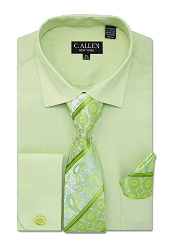 C. Allen Herren-Hemd, einfarbig, Mikro-Muster, normale Passform, mit Krawatte, Einstecktuch, Manschettenknöpfe, französische Manschetten, graugrün, 42 cm Hals 86 cm- 89 cm Ärmel von C. Allen