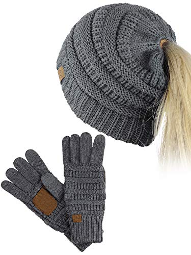 C.C BeanieTail Messy High Bun Zopfstrickmütze und rutschfeste Touchscreen-Handschuhe Set, Dunkelgrau, Einheitsgröße von C.C