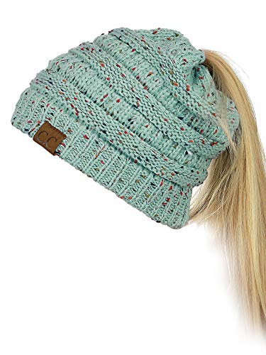 C.C Damen BeanieTail weichem Stretch Kabel unordentlich hohe bun Pferdeschwanz beaniehut Stricken einheitsgröße Confetti Mint von C.C