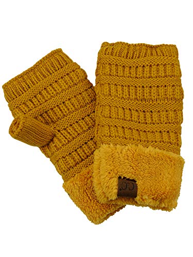 C.C Damen Halbfinger-Strickhandschuhe, Warmes und weiches Fleecefutter, Senfgelb von C.C