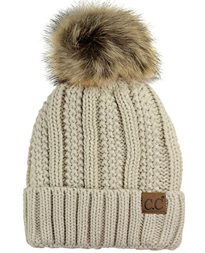 C.C Damen thick cable knit faux fuzzy-pelz-pom mit fleece-futter-schädel-kappe cuff beanie einheitsgröße elfenbein C.C Damen thick cable knit faux fuzzy-pelz-pom mit fleece-futter-schädel-kappe cuff beanie einheitsgröße elfenbein von C.C