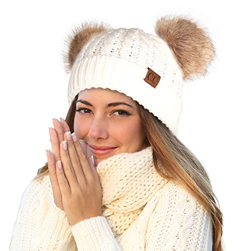 C.C Hatsandscarf HAT-2055 Mütze mit Zopfmuster, Doppelbommel - Wei� - Einheitsgröße von C.C
