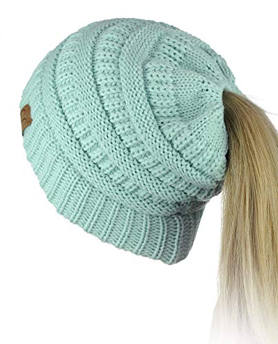 C.C Pferdeschwanz Strickmütze/Beanie mit Zopfmuster, Minze von C.C
