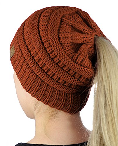 C.C Pferdeschwanz Strickmütze/Beanie mit Zopfmuster, Rost von C.C