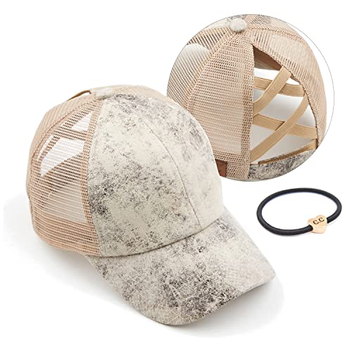 C.C Ponycap Messy High Bun Pferdeschwanz Verstellbar Glitzer Mesh Trucker Baseball Cap, Vintage Kunstleder beige, Einheitsgröße von C.C