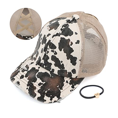 C.C Ponycap Messy High Bun Pferdeschwanz Verstellbare Glitter Mesh Trucker Baseball Cap, A Crossed Elastic Band Kuh Beige, Einheitsgröße von C.C