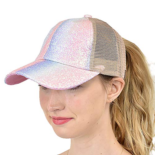 C.C Ponycap Messy High Bun Pferdeschwanz Verstellbare Glitter Mesh Trucker Baseball Cap, Criss Cross Einhorn, Einheitsgröße von C.C