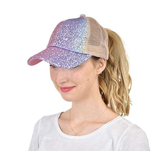 C.C Ponycap Messy High Bun Pferdeschwanz Verstellbare Glitter Mesh Trucker Baseball Cap, Criss Cross Meerjungfrau, Einheitsgröße von C.C