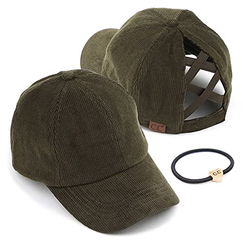 C.C Ponycap Messy High Bun Pferdeschwanz Verstellbare Glitter Mesh Trucker Baseball Cap, Ein gekreuztes elastisches Band-corduroy_olive, Einheitsgröße von C.C