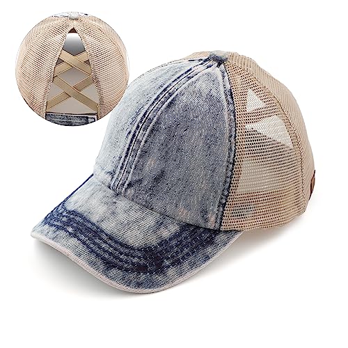 C.C Ponycap Messy High Bun Pferdeschwanz Verstellbare Glitzer Mesh Trucker Baseball Cap, A Crossed Elastic Band-stone Washed_denim, Einheitsgröße von C.C