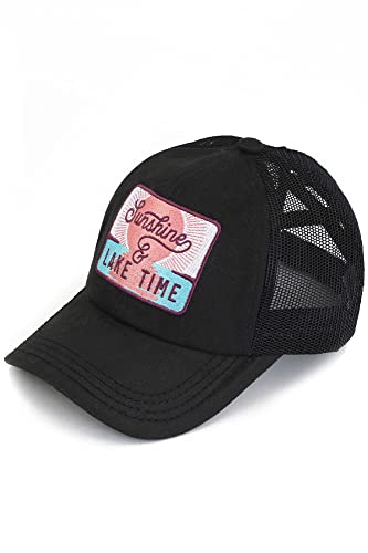 C.C Ponycap Messy High Bun Pferdeschwanz Verstellbare Mesh Trucker Baseball Cap Hat, Criss Cross Patch Lake Time, Schwarz, Einheitsgröße von C.C