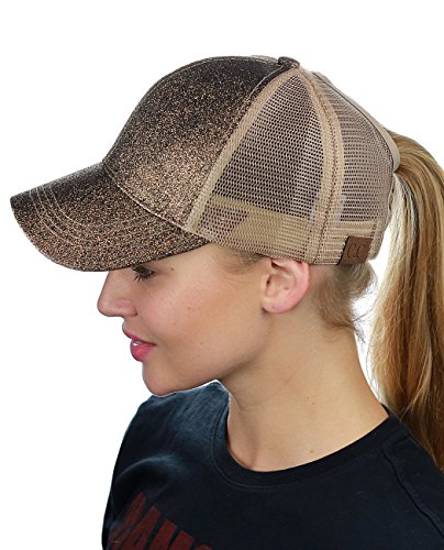 C.C Ponycap Messy High Bun Pferdeschwanz verstellbar Glitzer Mesh Trucker Baseball Cap - Gold - Einheitsgröße von C.C