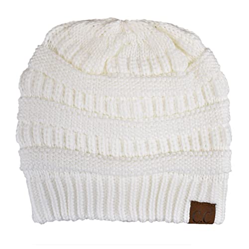 C.C Unisex Chunky Soft Stretch Cable Knit Warm Fuzzy Lined Skully Beanie, Weiß, Einheitsgröße von C.C