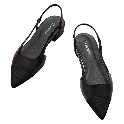 C.Paravano Slingback Flach Pumps I Slingback Pumps I Damen Slingback I Slingback Schwarz Damen I Pumps Damen I Slingback Pumps Damen I Flache Schuhe Knöchel Strap Sandalen (Größe 36, SCHWARZ) von C.Paravano